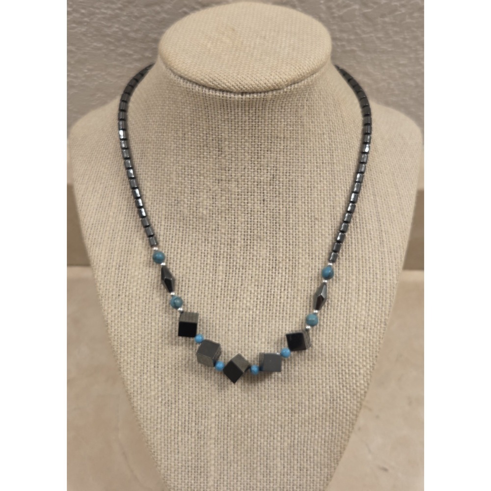 Vintage Native Style Hematite & Turquoise Beaded Necklace‎ 17.5" Screw Back